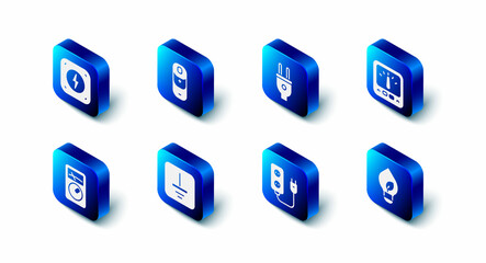 Set Battery charge, Electric plug, Ampere meter, multimeter, Light bulb with leaf, extension, Electrical symbol ground, and Lightning bolt icon. Vector