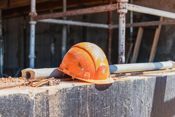Cement foundation of a cottage at a construction site. Construction of the foundation of a new...