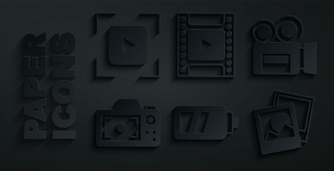 Set Battery for camera, Retro cinema, Photo, frame, Camera film roll cartridge and focus line icon. Vector