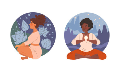 Beautiful young women meditating and relaxing. People practicing yoga and breathing exercise set vector illustration