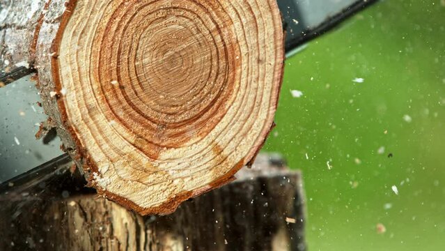 Super slow motion of chainsaw cutting the wooden log. Filmed on high speed cinema camera, 1000 fps.