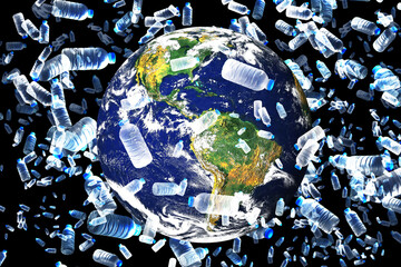 The concept of plastic waste overflowing the world. A globe with only plastic waste plastic water bottle