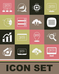 Set Data analysis, Search data, Binary code, Processor CPU, Server, Pie chart infographic, and Cloud download and upload icon. Vector