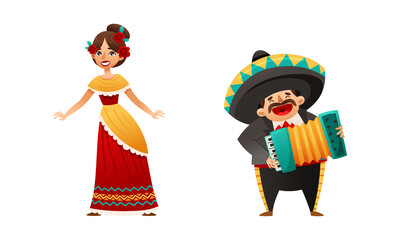Mexican Man in Sombrero Hat and Woman in Colorful Traditional Clothing Celebrating National Holiday Cinco de Mayo Vector Set
