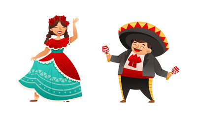 Mexican Man in Sombrero Hat and Woman in Colorful Traditional Clothing Celebrating National Holiday Cinco de Mayo Vector Set