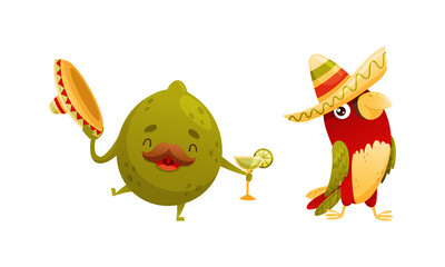 Mustached Lime and Parrot in Sombrero Hat with Tequila as Mexican Culture Symbols Vector Set