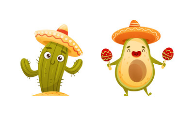 Cactus and Avocado in Sombrero Hat Playing Maraca as Mexican Culture Symbols Vector Set