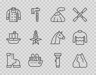 Set line Winter warm boot, Mountains, Volcano, Cruise ship, Sweater, Lupine flower, Flashlight and icon. Vector