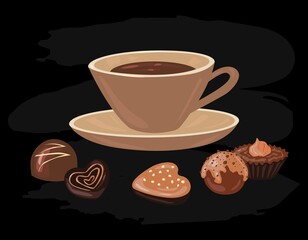 A cup of coffee with a saucer and with chocolates. Vector illustration on a black background. For advertising, labels, cafes