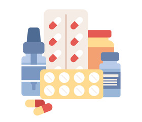 Online pharmacy concept. Medicine, medical supplies, bottles, liquids and pills. Medicine chest. Vector flat illustration 