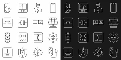 Fototapeta na wymiar Set line Electric extension, Gear and lightning, Solar energy panel, Electrician, Electrolytic capacitor, Buzzer electronic circuit, Battery charge and switch icon. Vector