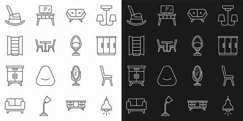 Set line Lamp hanging, Chair, Wardrobe, Sofa, Table with chair, Rocking and Armchair icon. Vector