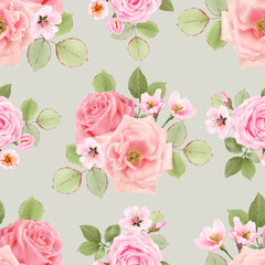 Pink rose and cherry blossom seamless pattern