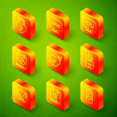 Set line Castle in the shape of heart, Love text, Speech bubble I love you, Calendar with, Amour and arrow, Gift box hearts, Heart hand and February 14 icon. Vector