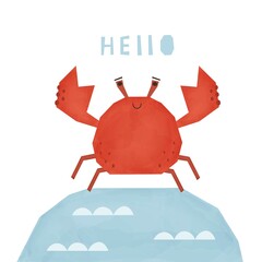 cute cartoon crab says hello underwater world vector illustration with watercolor elements