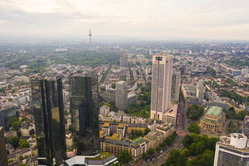 Obraz premium Aerial view of the financial district in Frankfurt with skyscrapers, banks and office buildings, Frankfurt