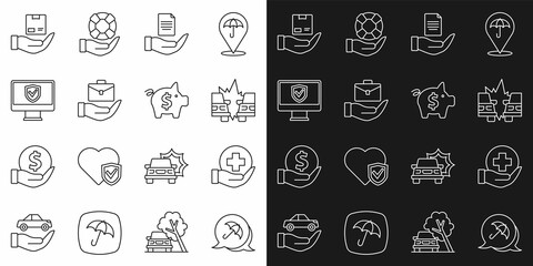 Set line Umbrella, Life insurance, Car accident, Contract hand, Hand holding briefcase, Insurance online, Delivery and Piggy bank icon. Vector