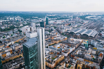 Aerial view of the financial district in Frankfurt with skyscrapers, banks and office buildings, Frankfurt