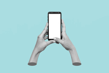 Mobile phone with white screen in female hands isolated on blue background. Blank with an empty...