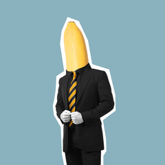 A young confident businessman headed by banana head in a black business suit and striped yellow tie isolated on color blue background. Trendy collage in magazine style. Contemporary art. Modern design