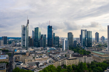 Fototapeta na wymiar Aerial view of the financial district in Frankfurt with skyscrapers, banks and office buildings, Frankfurt