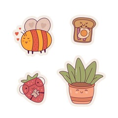 cartoon set of different cute kawaii stickers hand drawn vector illustration