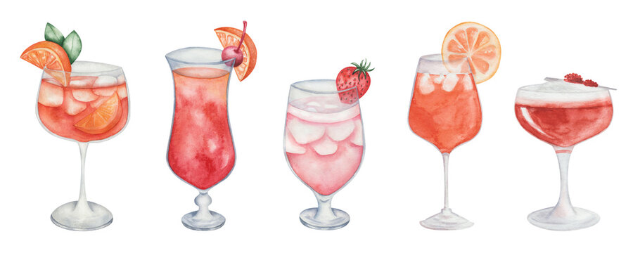 Watercolor illustration of hand painted orange, red, pink cocktails in glass with fruits, berries. Aperol spritz, sex on the beach, rum-runner, clover club. Alcohol beverage drinks. Isolated clip art