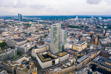 Fototapeta na wymiar Aerial view of the financial district in Frankfurt with skyscrapers, banks and office buildings, Frankfurt
