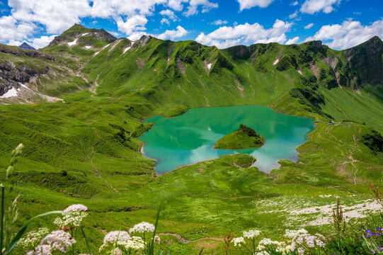 Blick auf Schrecksee im Sommer mit Alpenwiese im Vordergrund - Schrecksee, Kirchendachsattel, Hinterstein, Bad Hindelang, Oberallg&auml;u, Bayern, Deutschland