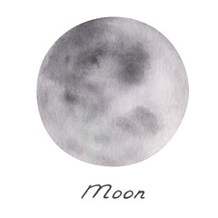Watercolor illustration of hand painted grey Moon satellite of Earth, handwritten word. Space and outer space. Extraterrestrial object of Solar system. Isolated clip art for prints, banners, posters