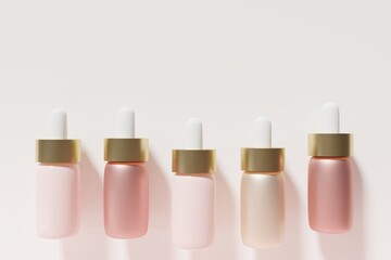 3d render of pink and beige pipette bottles flat lay on a beige background