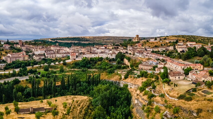 Fototapeta na wymiar Aerial view of a medieval village built on the side of the hills, Sepulveda, Spain.
