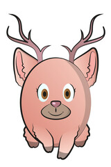 Cute round abstract animal with big ears and horns looking forward.