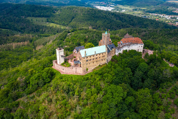 Aerial view of Forest and Wartburg castle in Eisenach city in Thuringia
