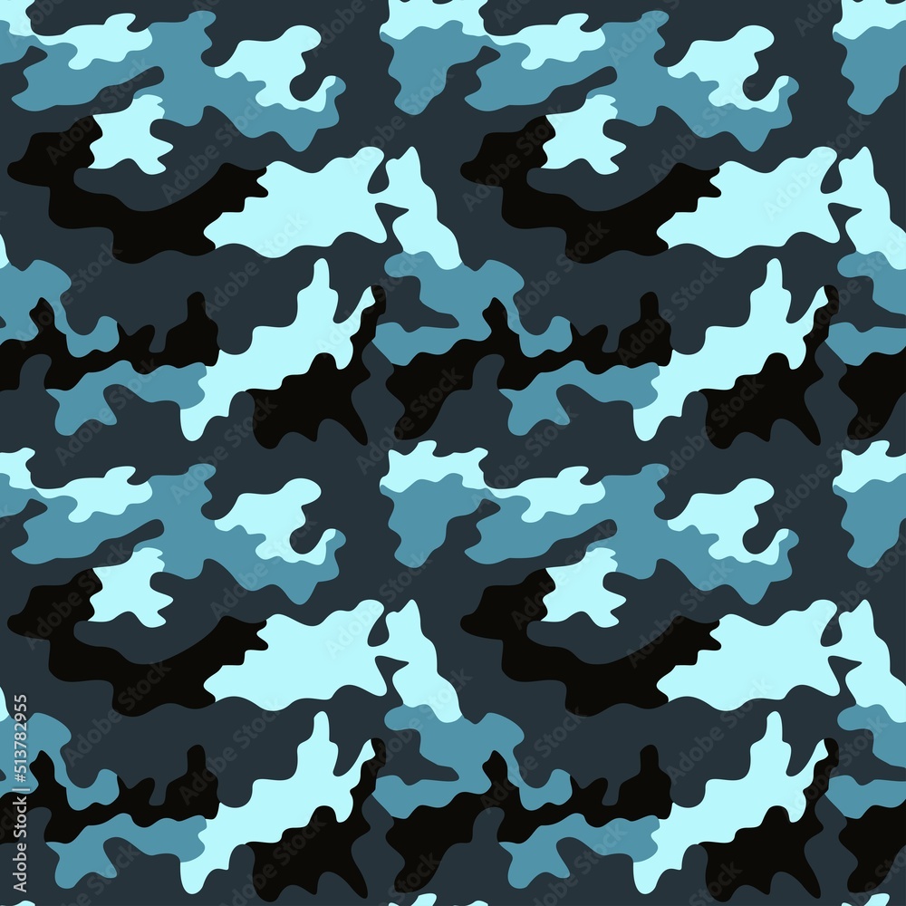 Poster Blue camouflage texture, trendy endless pattern, military shape texture. Ornament