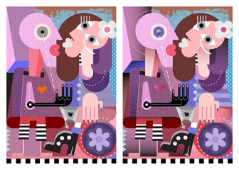 Gordijnen Mensen Verliefd. Paar verliefd moderne kunst vectorillustratie. Verliefde paar staande tegenover elkaar. Twee opties voor illustraties - plat ontwerp en met verloopeffect. ©  danjazzia