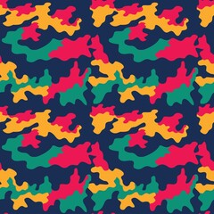 
Trendy camouflage seamless pattern, blue yellow pink spots. Vector background.