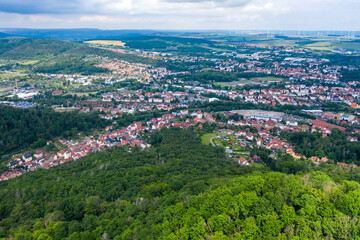 Aerial view of the skyline or citysccape of Eisenach with vast forest and green surrondings,...