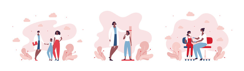Doctor and patient pediatrician healthcare concept. Vector flat people illustration set. Female african american mother, daughter and nurse character. Height measurement, meeting and vaccine shot. - obrazy, fototapety, plakaty