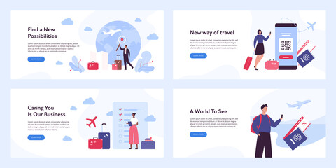 Fototapeta na wymiar Global business travel and tourism concept collection. Vector flat illustration. Banner template set. Male and female tourist and businessman character. Airplane, smartphone, id, ticket symbol.