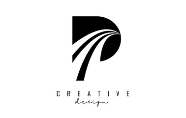 Black letter P logo with leading lines and road concept design. Letter P with geometric design.