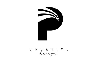 Black letter P logo with leading lines and road concept design. Letter P with geometric design.