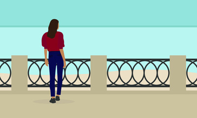 Female character stands on the embankment and looks at the sea