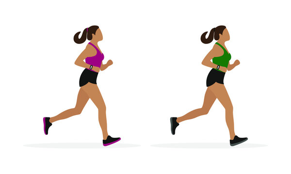 Two female characters in sportswear running on a white background