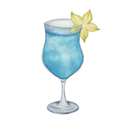 Watercolor illustration of hand painted blue cocktail in glass with yellow carambola, star fruit. Blue lagoon. Alcohol beverage drink. Isolated clip art of goblet for menus in restaurant, cafe