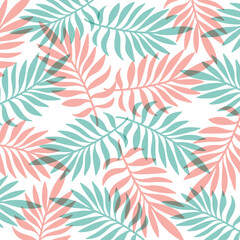 Fototapeta premium Seamless Tropical Palm Leaves Pattern Vector, Pastel Pink and Mint Botanical Background
