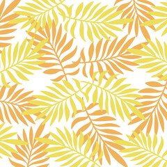 Fototapeta na wymiar Simple Tropical Leaves Background. Abstract Backdrop With Palm Leaves of Yellow and Orange Color. Summer Wallpaper Vector.