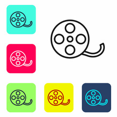 Black line Film reel icon isolated on white background. Set icons in color square buttons. Vector