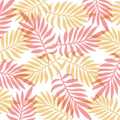 Fototapeta na wymiar Simple Tropical Leaves Background. Abstract Backdrop With Overlaying Palm Leaves of Yellow and Orange Color. Summer Exotic Wallpaper Vector.