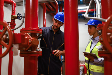 System engineer and Maintenance check fire suppression system,  Fire Pump control room with red...